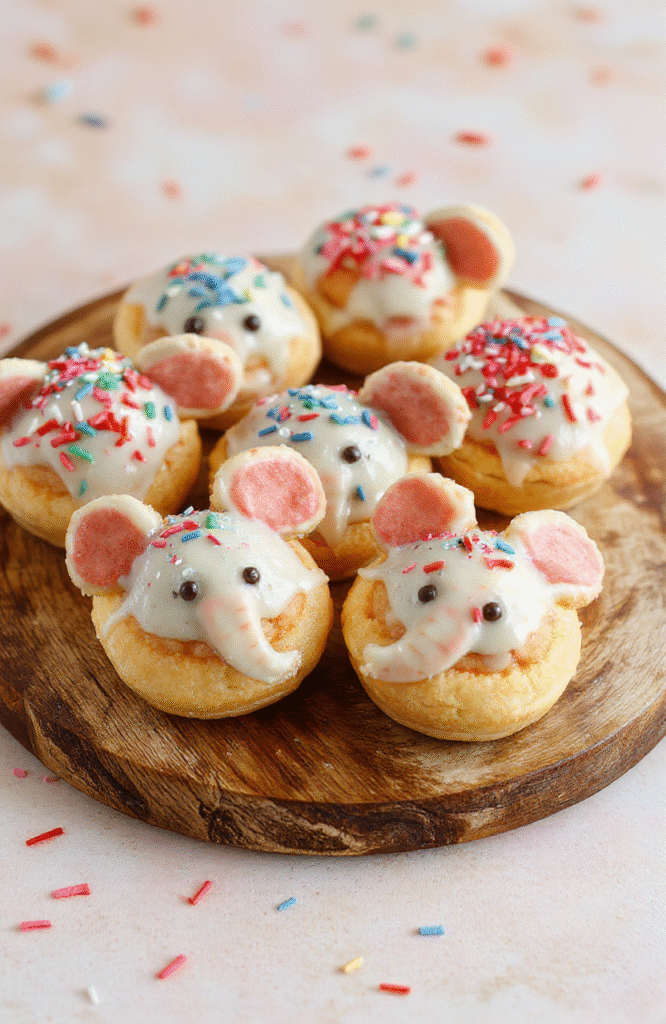Colorful Dumbo Elephant Ear Pastries with golden-brown crust shaped like elephants, decorated with icing and sprinkles, arranged on a rustic wooden platter with pastel backgrounds, emphasizing whimsical and playful dessert textures.