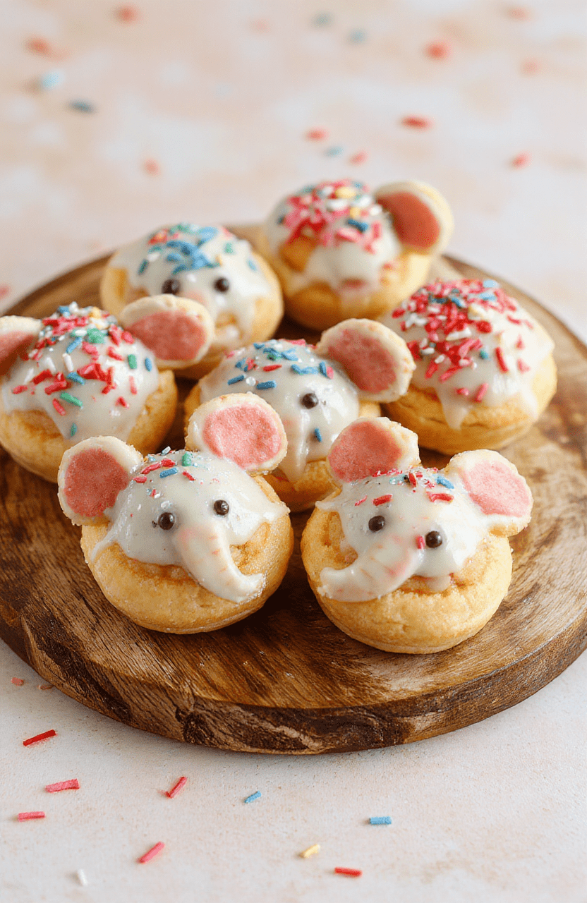 Colorful Dumbo Elephant Ear Pastries with golden-brown crust shaped like elephants, decorated with icing and sprinkles, arranged on a rustic wooden platter with pastel backgrounds, emphasizing whimsical and playful dessert textures.