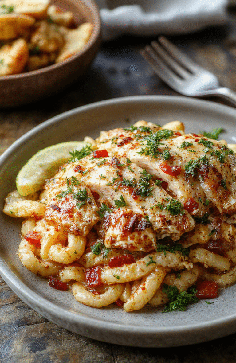 A vibrant plate of Cajun chicken atop creamy orzo pasta, garnished with chopped parsley and colorful bell peppers, styled simply on a white plate with a rustic wooden background.