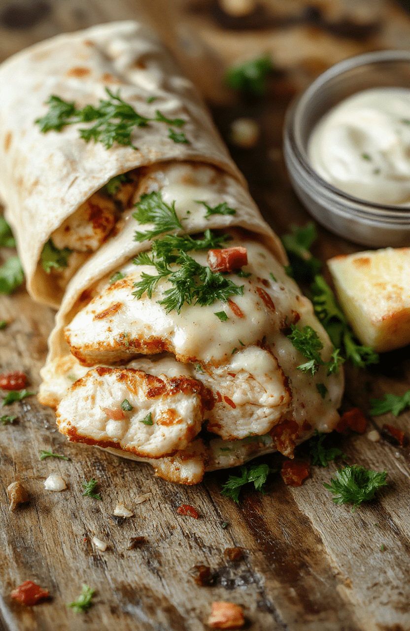 A vibrant chicken Caesar wrap sliced open to reveal tender grilled chicken, crisp romaine lettuce, creamy Caesar dressing, all wrapped in a golden toasted tortilla, beautifully plated with fresh herbs for garnish.