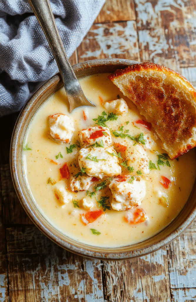 A vibrant bowl of creamy chicken pasta soup featuring tender shredded chicken, al dente pasta, and a rich, velvety broth topped with green herbs, served on a rustic wooden table with fresh ingredients around it, highlighting textures and warm colors.