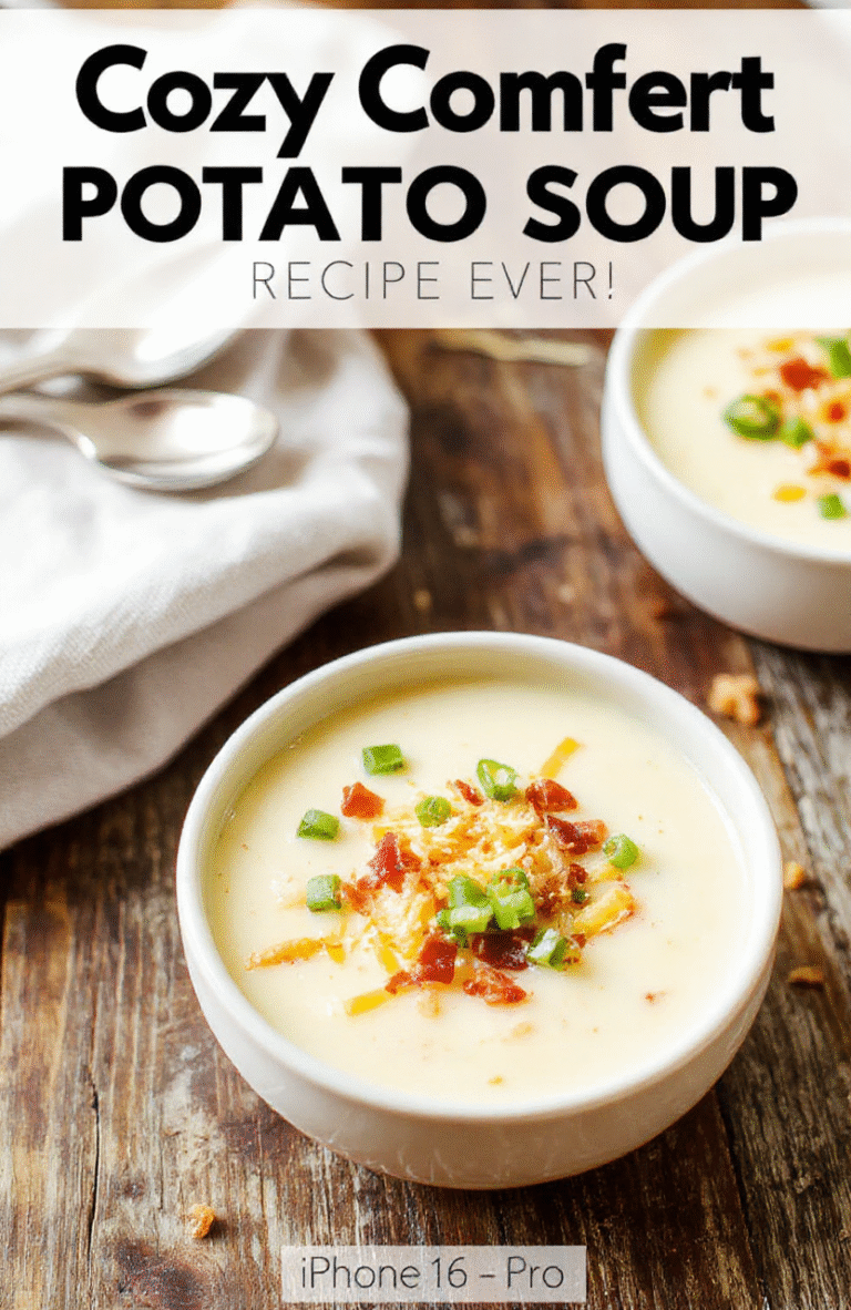 A creamy potato soup served in a white bowl with a sprig of fresh herbs on top, surrounded by sliced potatoes, cheddar cheese, and green onions on a rustic wooden table, styled casually with soft natural lighting, emphasizing warm textures and inviting colors.