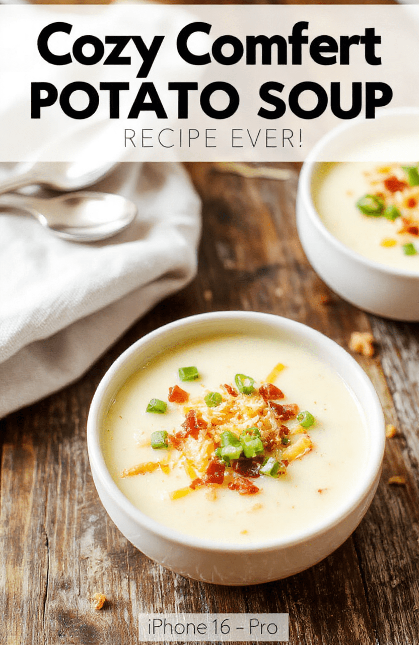 A creamy potato soup served in a white bowl with a sprig of fresh herbs on top, surrounded by sliced potatoes, cheddar cheese, and green onions on a rustic wooden table, styled casually with soft natural lighting, emphasizing warm textures and inviting colors.