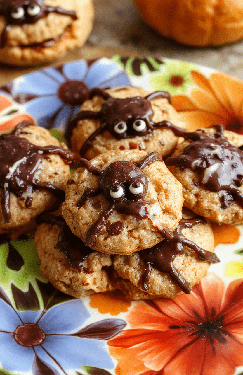 Colorful Halloween-themed spider cookies with glossy chocolate coating, decorated with pretzel legs and candy eyes, arranged on a festive orange plate with pumpkins and autumn leaves in the background.