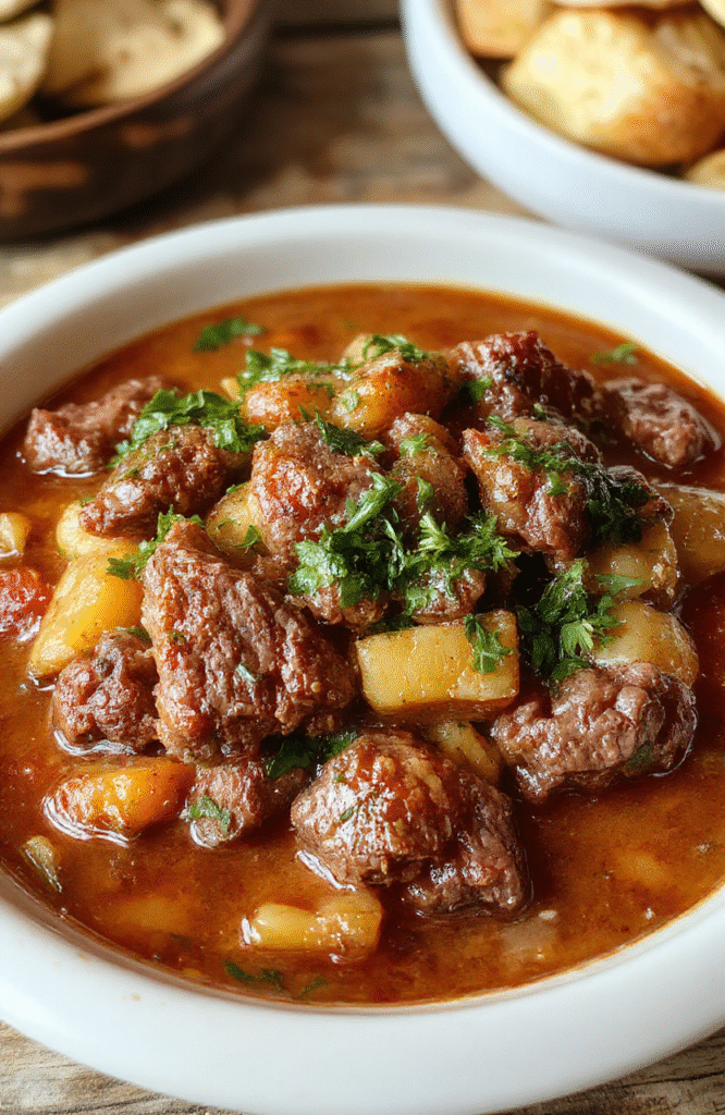 A hearty bowl of homemade beef stew with tender beef chunks, vegetables, and gravy, presented on a rustic wooden table with fresh herbs for garnish