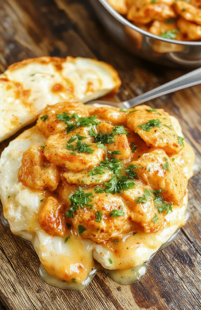 A vibrant plate of homemade butter chicken featuring tender chicken chunks coated in a rich, creamy tomato-based sauce, garnished with fresh cilantro and served alongside fluffy rice. The dish is beautifully plated on a white ceramic plate with a rustic wooden table background, highlighting the glossy sauce and colorful herbs, styled simply for an appetizing, inviting presentation.