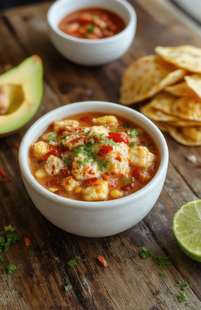 A vibrant bowl of creamy white chicken chili topped with charred corn, fresh cilantro, and crumbled cheese, presented on a rustic wooden table with colorful toppings and a spoon ready to scoop.