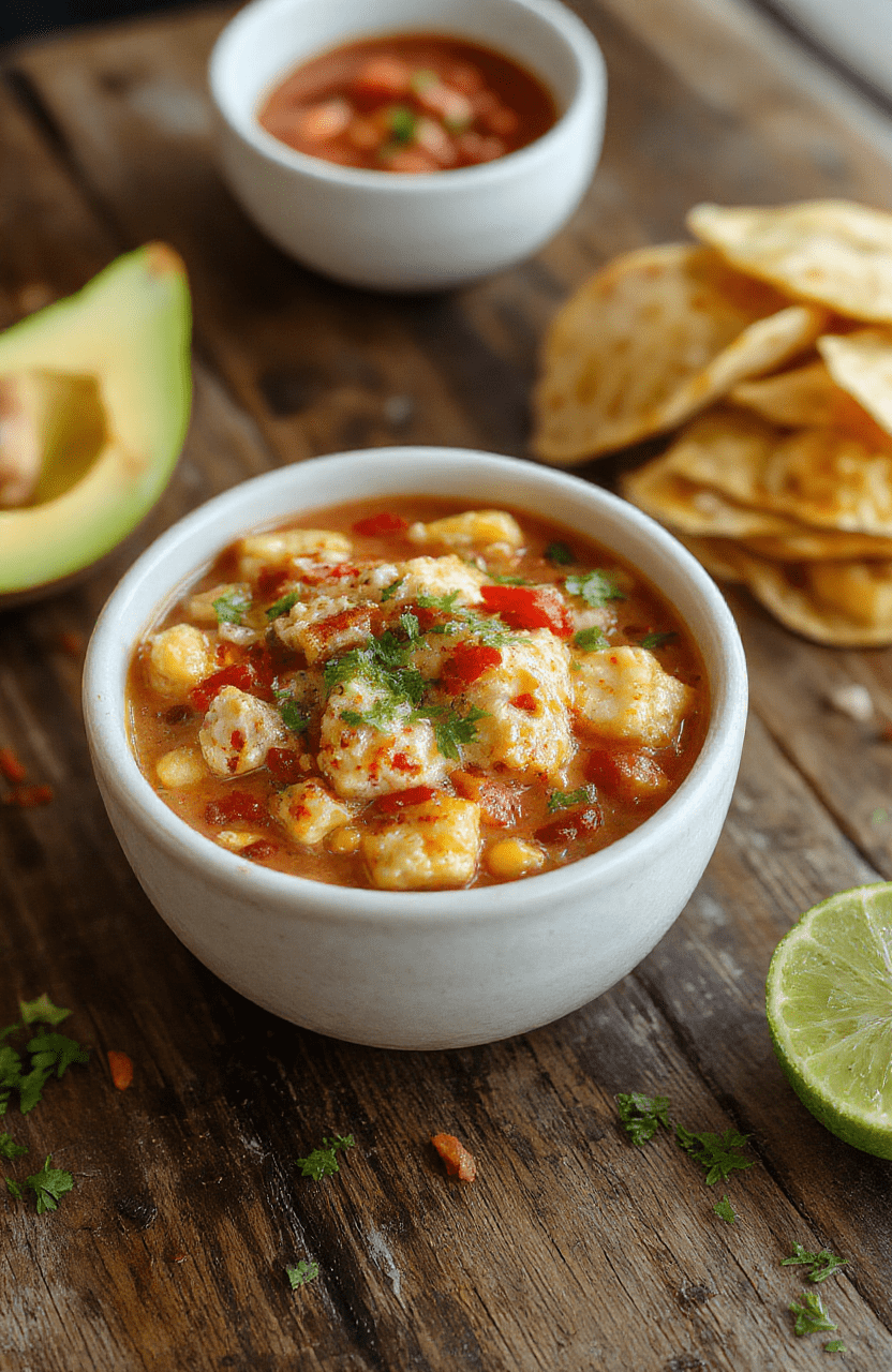 A vibrant bowl of creamy white chicken chili topped with charred corn, fresh cilantro, and crumbled cheese, presented on a rustic wooden table with colorful toppings and a spoon ready to scoop.