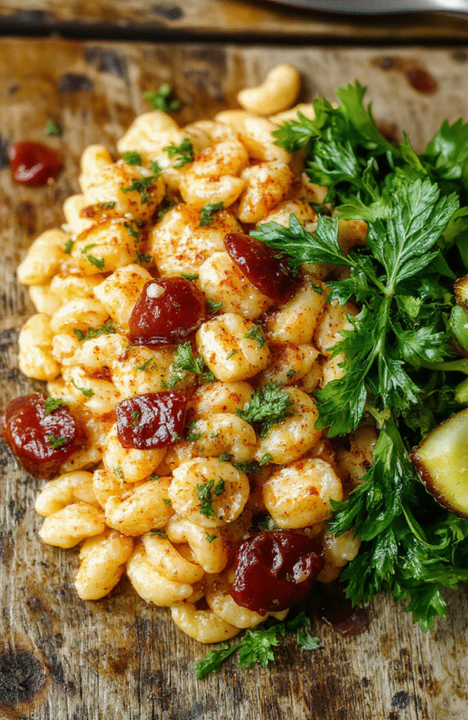 A vibrant plate of orzo pasta with cherry tomatoes, fresh basil, and melted cheese on a rustic wooden surface, styled casually with natural lighting and soft shadows.