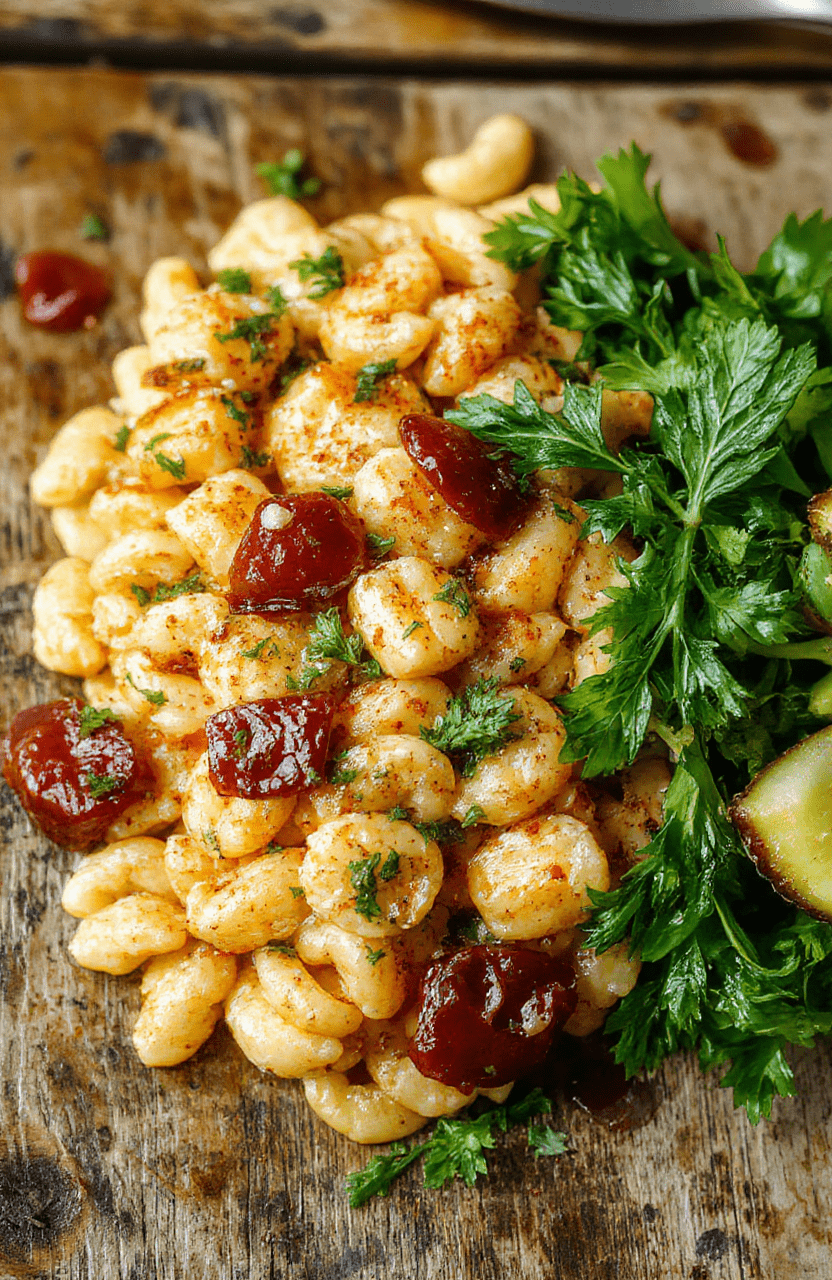 A vibrant plate of orzo pasta with cherry tomatoes, fresh basil, and melted cheese on a rustic wooden surface, styled casually with natural lighting and soft shadows.