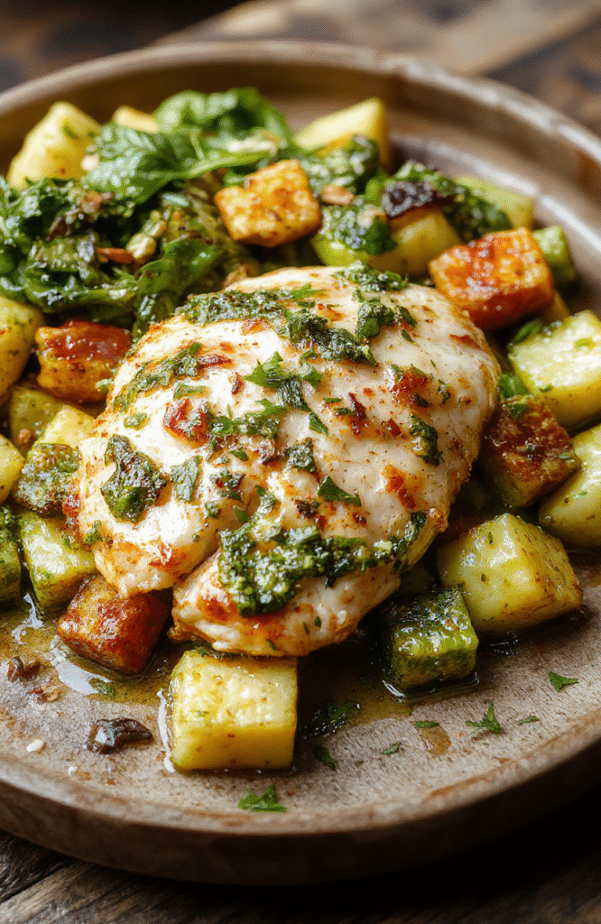 Colorful pesto chicken and vibrant vegetables arranged on a rustic wooden plate, garnished with fresh basil, showcasing tender chicken coated in green pesto, with roasted carrots, zucchini, and cherry tomatoes, all textured and inviting.