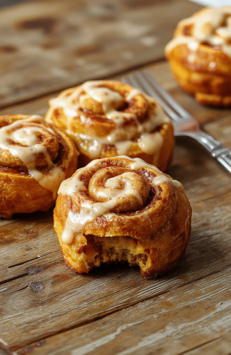A close-up of golden-brown pumpkin cinnamon rolls drizzled with creamy icing, arranged on a rustic wooden platter with a warm autumn vibe, textures of the soft dough and cinnamon swirl visible, styled with a few pumpkin pieces and a fall leaf for seasonal accent.