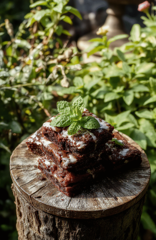 A close-up shot of rich, fudgy brownies topped with fresh mint leaves, arranged on a rustic wooden platter with a sprig of mint and a crumbly texture visible, styled with a dark, moody background and soft lighting that enhances the vibrant green of the mint and the glossy chocolate finish.