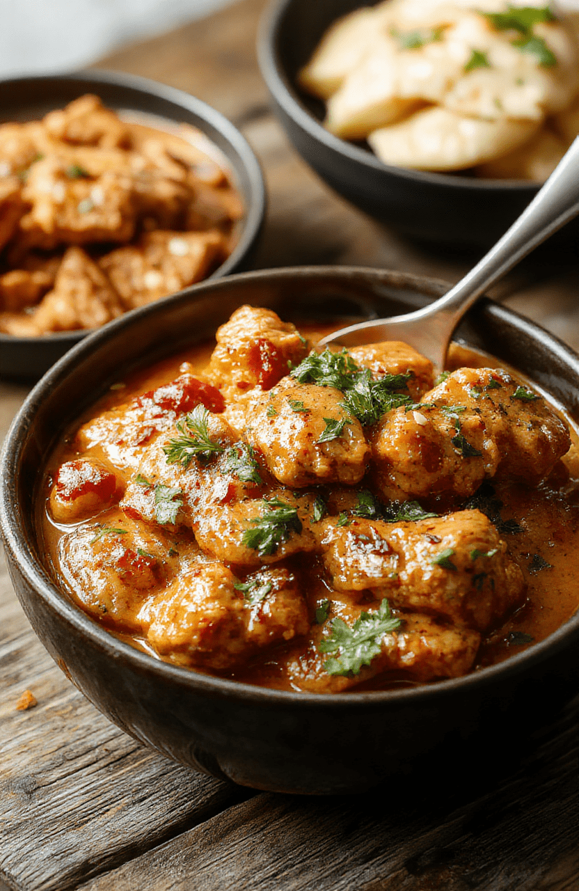 A vibrant bowl of creamy butter chicken with a rich orange sauce, garnished with fresh cilantro, served over fluffy rice on a rustic wooden surface, with a side of naan bread, textured and colorful, styled to highlight the dish's indulgence.