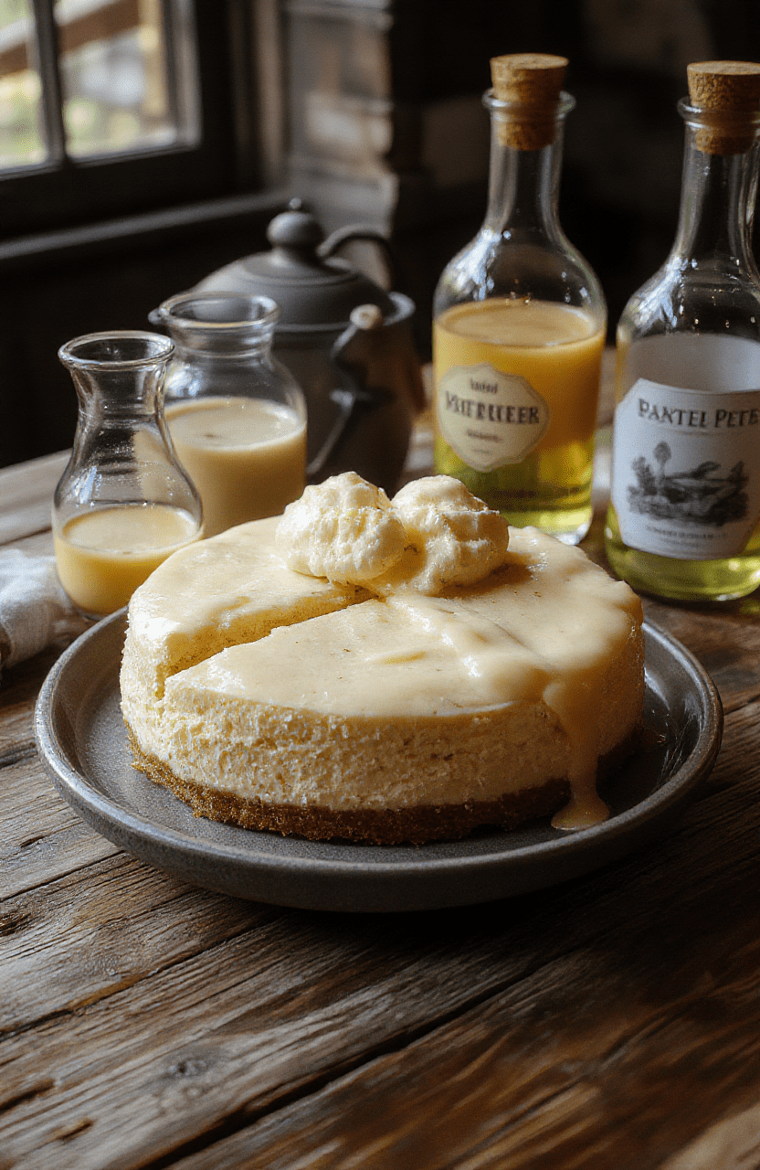 A vibrant butterbeer cheesecake on a rustic wooden plate, topped with whipped cream, caramel drizzle, and a sprinkle of cinnamon, with a background of vintage potion bottles and parchment scrolls, styled to evoke a magical Harry Potter ambiance.