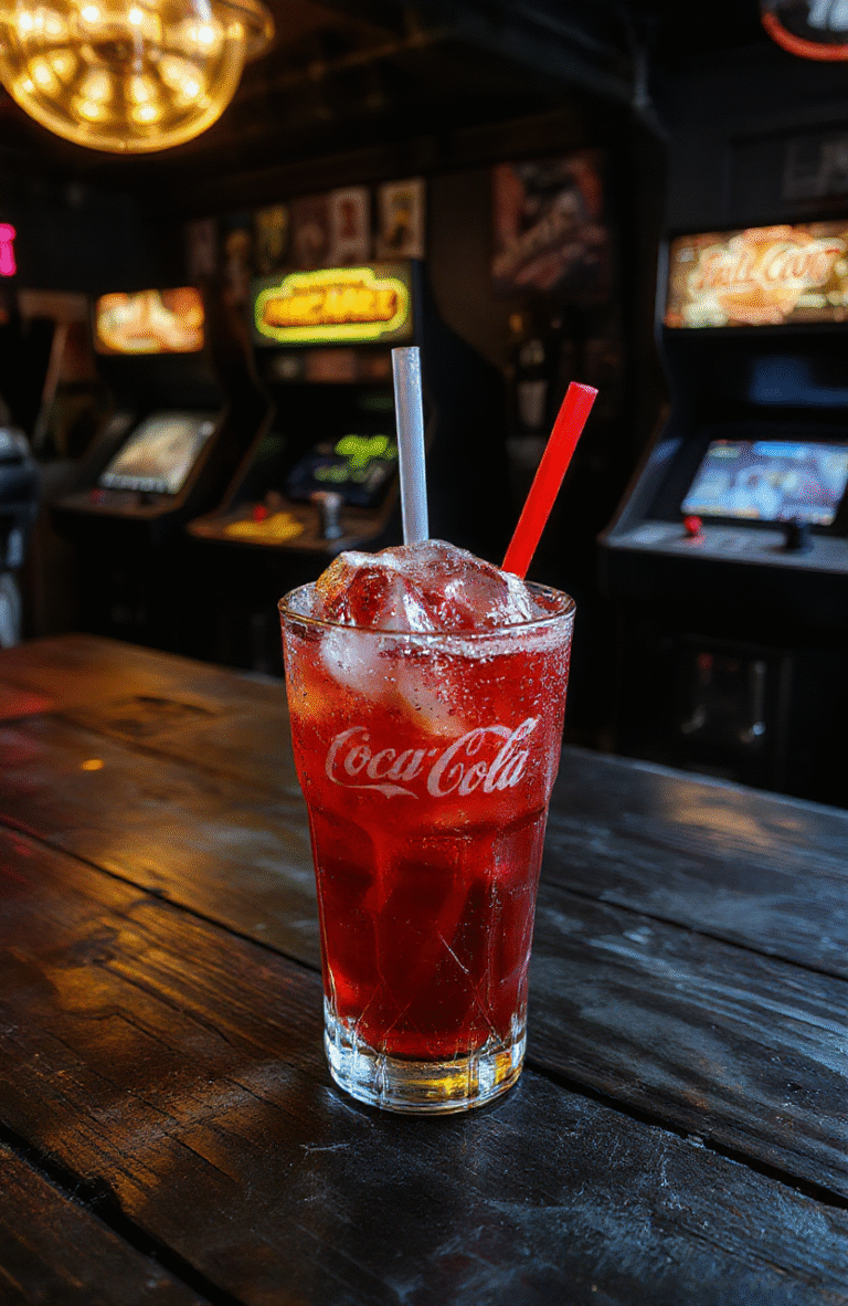 A vibrant blue Nuka-Cola Quantum float served in a clear tall glass with icy cubes, topped with a generous swirl of whipped cream and a cherry. The background features a dimly lit neon-lit arcade table, with scattered gaming memorabilia and a hint of futuristic decor, highlighting the game's post-apocalyptic yet nostalgic aesthetic.