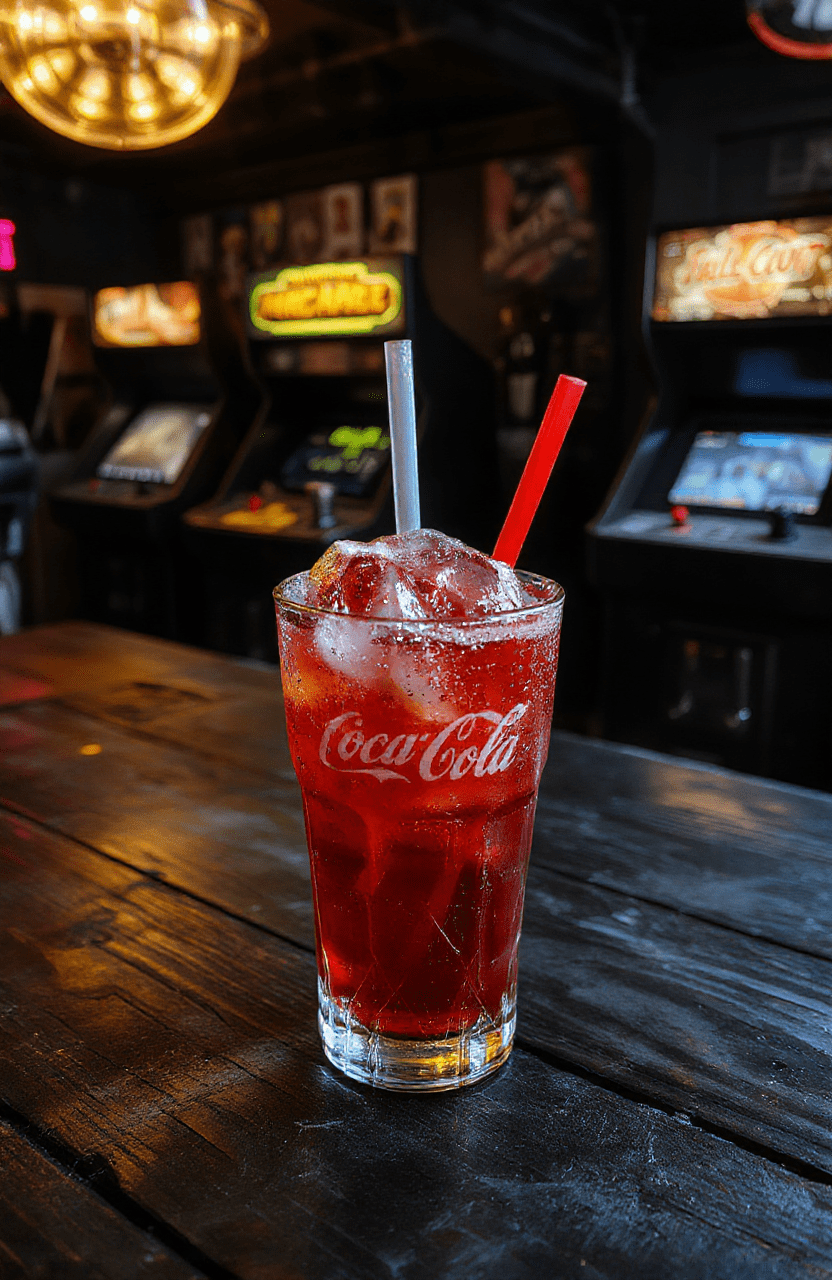A vibrant blue Nuka-Cola Quantum float served in a clear tall glass with icy cubes, topped with a generous swirl of whipped cream and a cherry. The background features a dimly lit neon-lit arcade table, with scattered gaming memorabilia and a hint of futuristic decor, highlighting the game's post-apocalyptic yet nostalgic aesthetic.