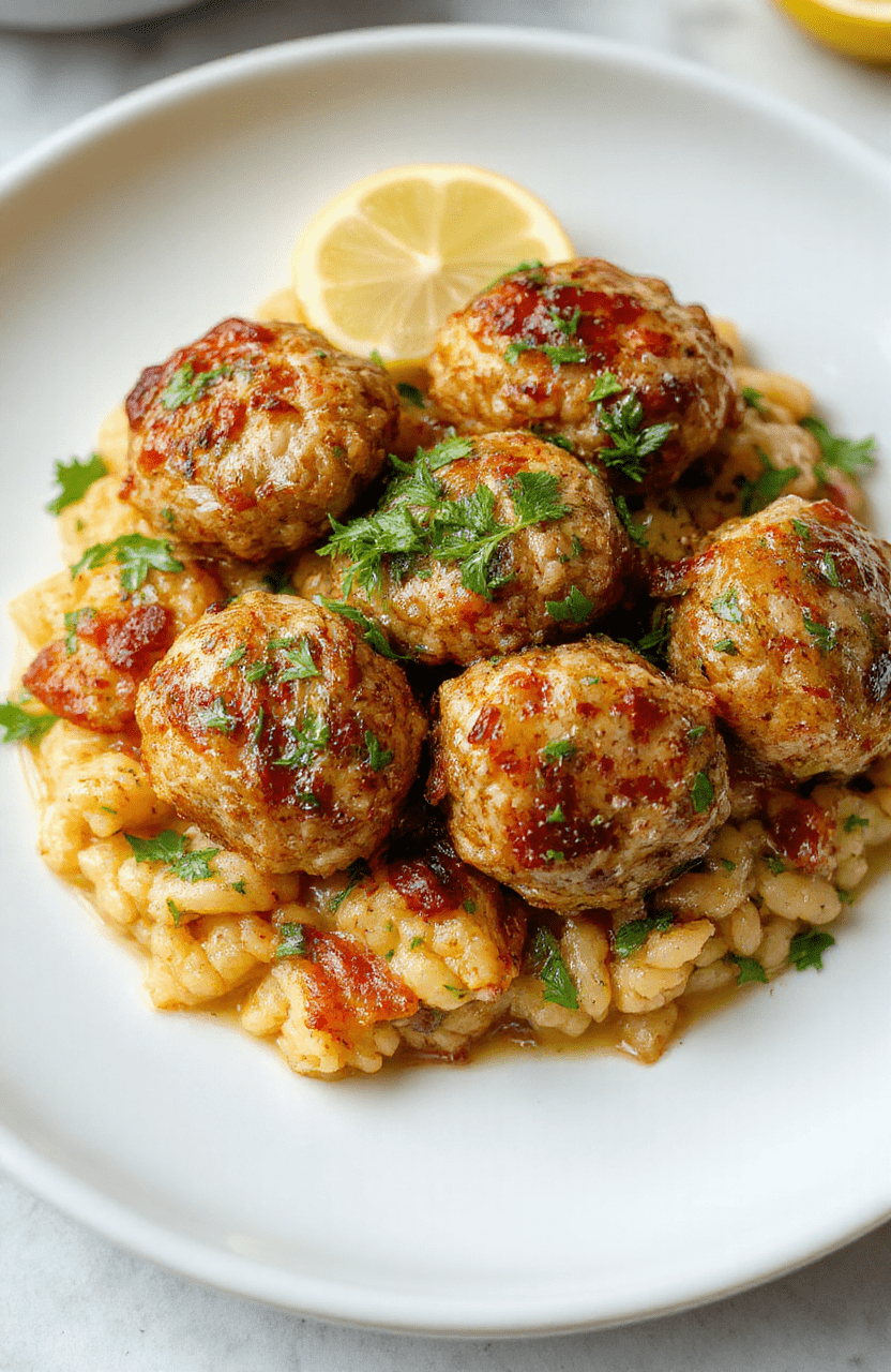 Colorful plate featuring golden Greek chicken meatballs topped with herbs, served alongside vibrant lemon orzo with fresh lemon slices and herbs, styled simply on a white plate with a neutral background, showcasing textures of crispy meatballs and fluffy pasta.