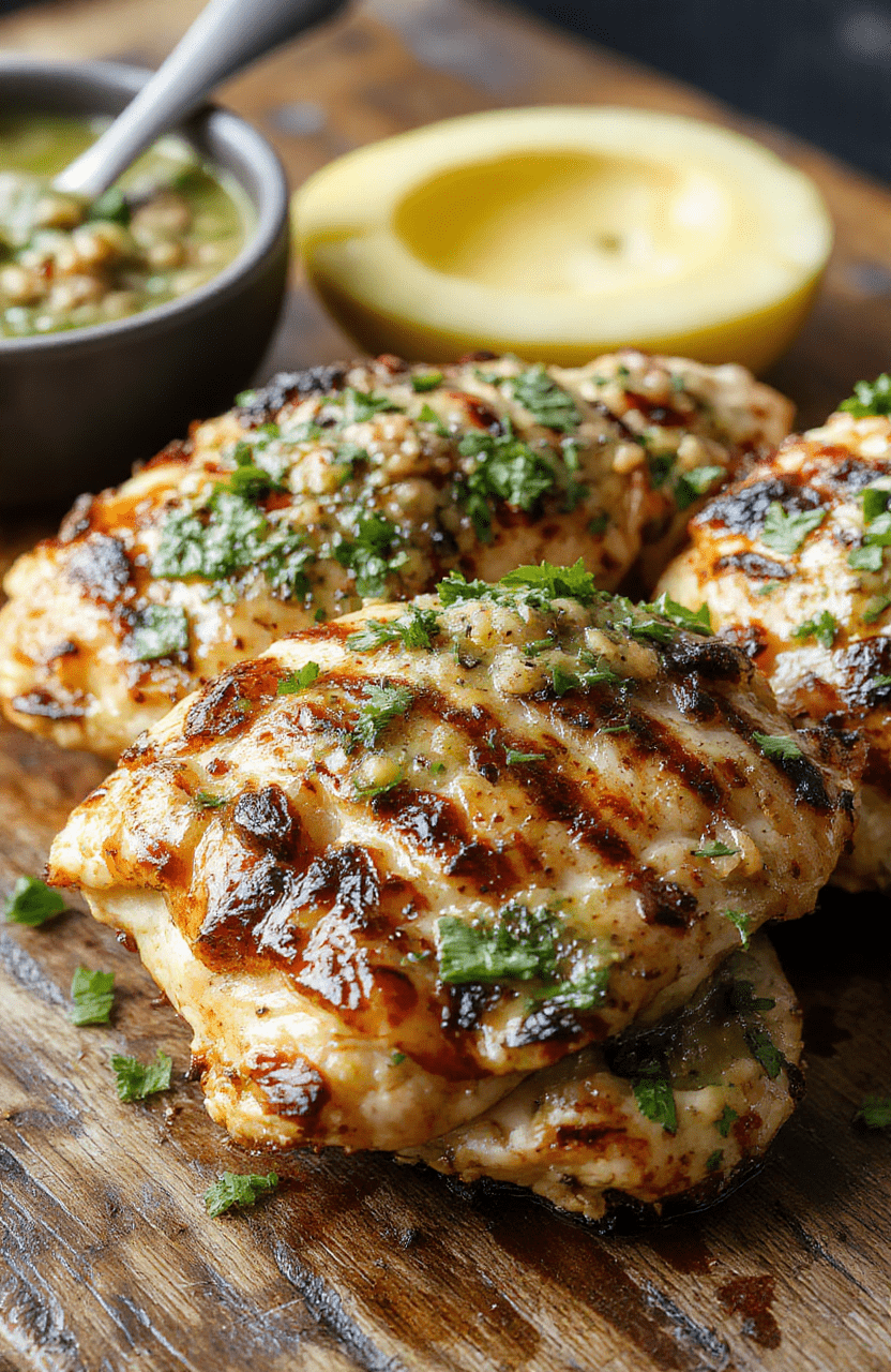 Colorful grilled chicken topped with vibrant salsa verde and melted pepper jack cheese, plated on a rustic wooden surface with fresh herbs and lime wedges, showcasing juicy textures and lively garnishes.