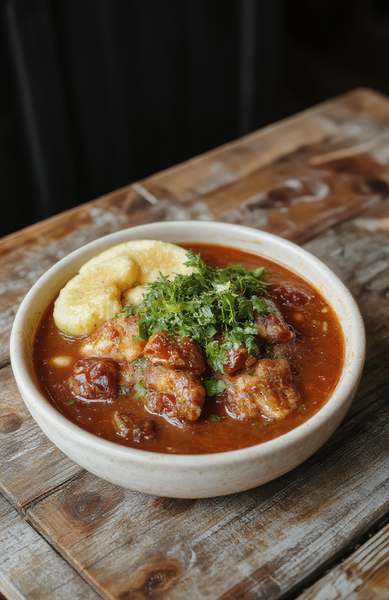 A vibrant bowl of Mexican Birria featuring tender shredded beef, rich red broth, garnished with fresh cilantro, lime wedges, and crispy tortillas on a rustic wooden table, with a colorful background adding to the appeal.
