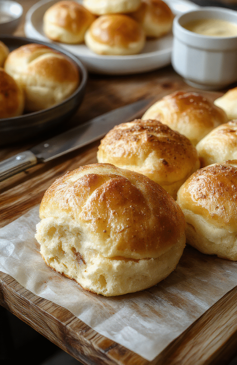 A close-up of fluffy breakfast rolls arranged on a white plate, golden-brown tops with soft, airy insides visible. The rolls are lightly glazed, with a drizzle of melted butter and a sprinkle of powdered sugar. The background features a rustic wooden table with fresh berries and a cup of coffee, styled for a cozy morning scene, natural lighting highlighting the textures and warm tones.