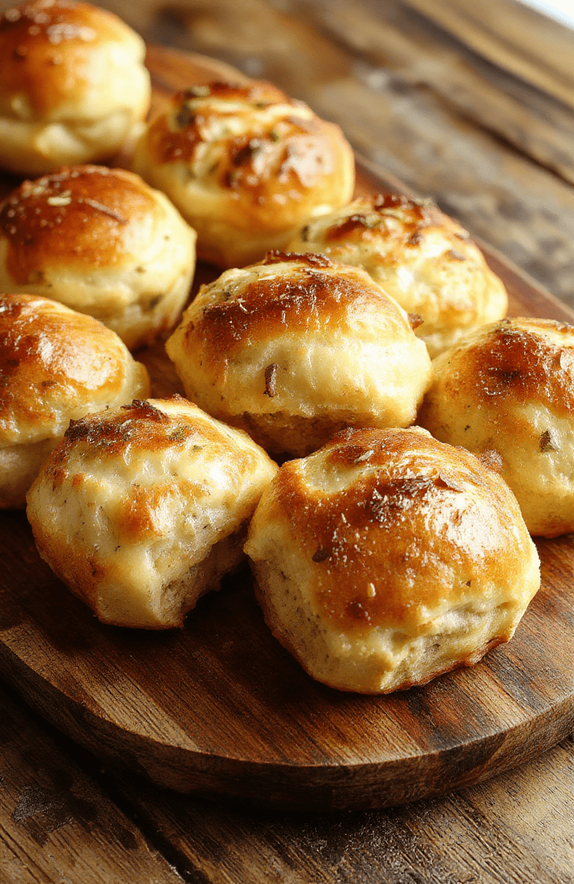 A close-up of fluffy garlic butter bread rolls arranged on a rustic wooden board. The rolls have a golden-brown crust with a glossy garlic butter glaze, garnished with fresh parsley. Steam rises gently from the soft, airy interior, creating an inviting and warm atmosphere, perfectly styled with a few scattered herbs and a knife nearby.