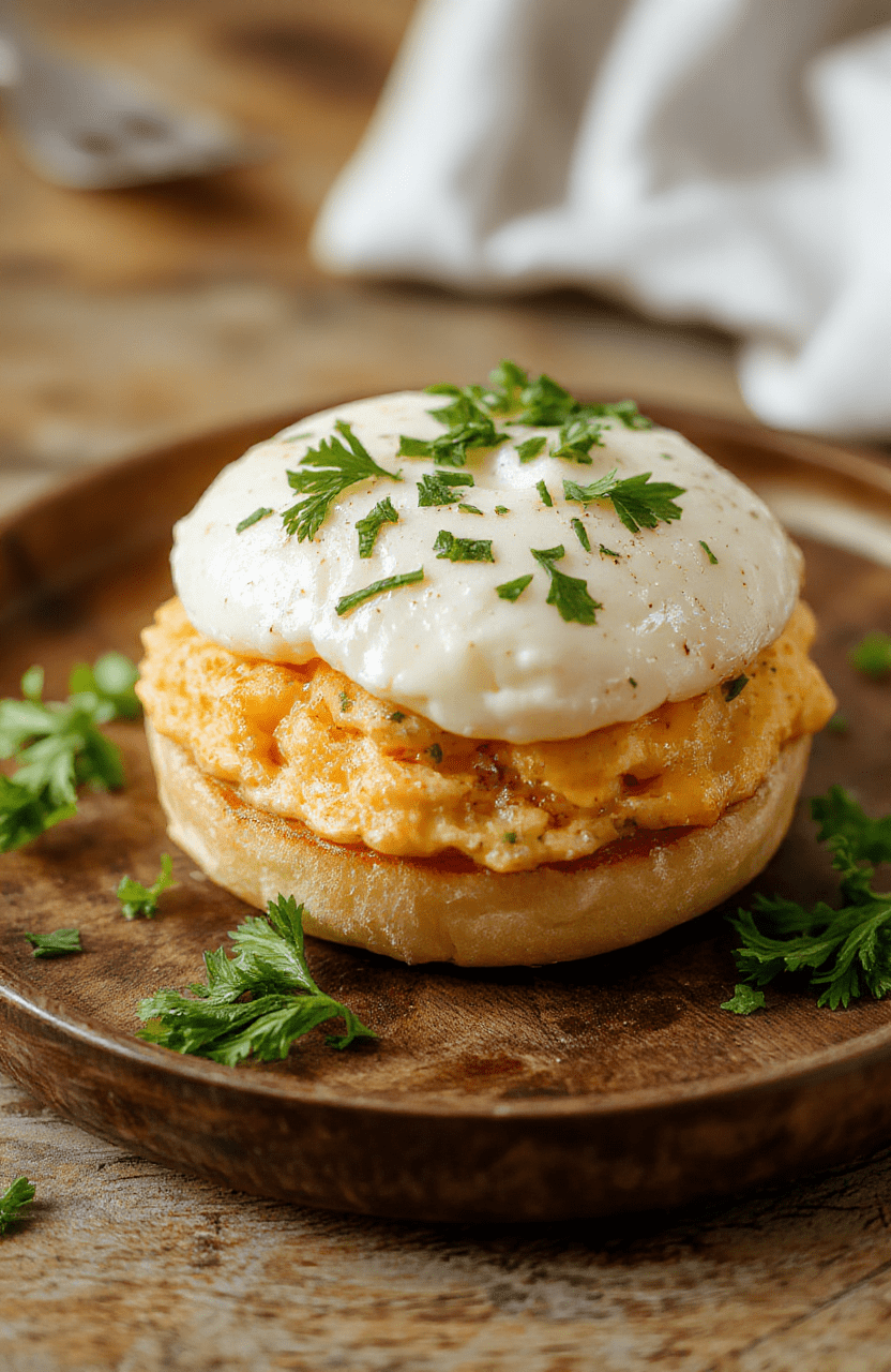 A vibrant, fluffy Japanese egg sandwich with soft, golden egg filling between perfectly toasted white bread slices, garnished with a sprig of parsley, served on a rustic wooden plate, with a side of crisp greens and subtle shadows highlighting the light, airy texture.
