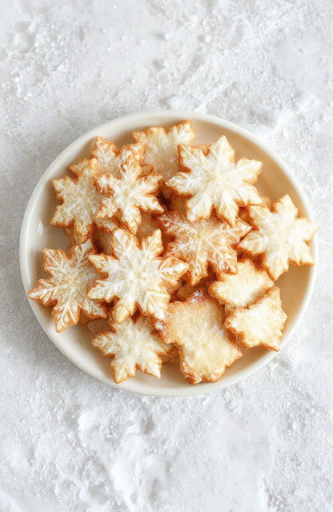 A batch of beautifully decorated Frozen Snowflake Sugar Cookies with icy blue and white icing, intricate snowflake patterns, and a glossy finish, arranged on a white porcelain platter with a glittery snow-like background.