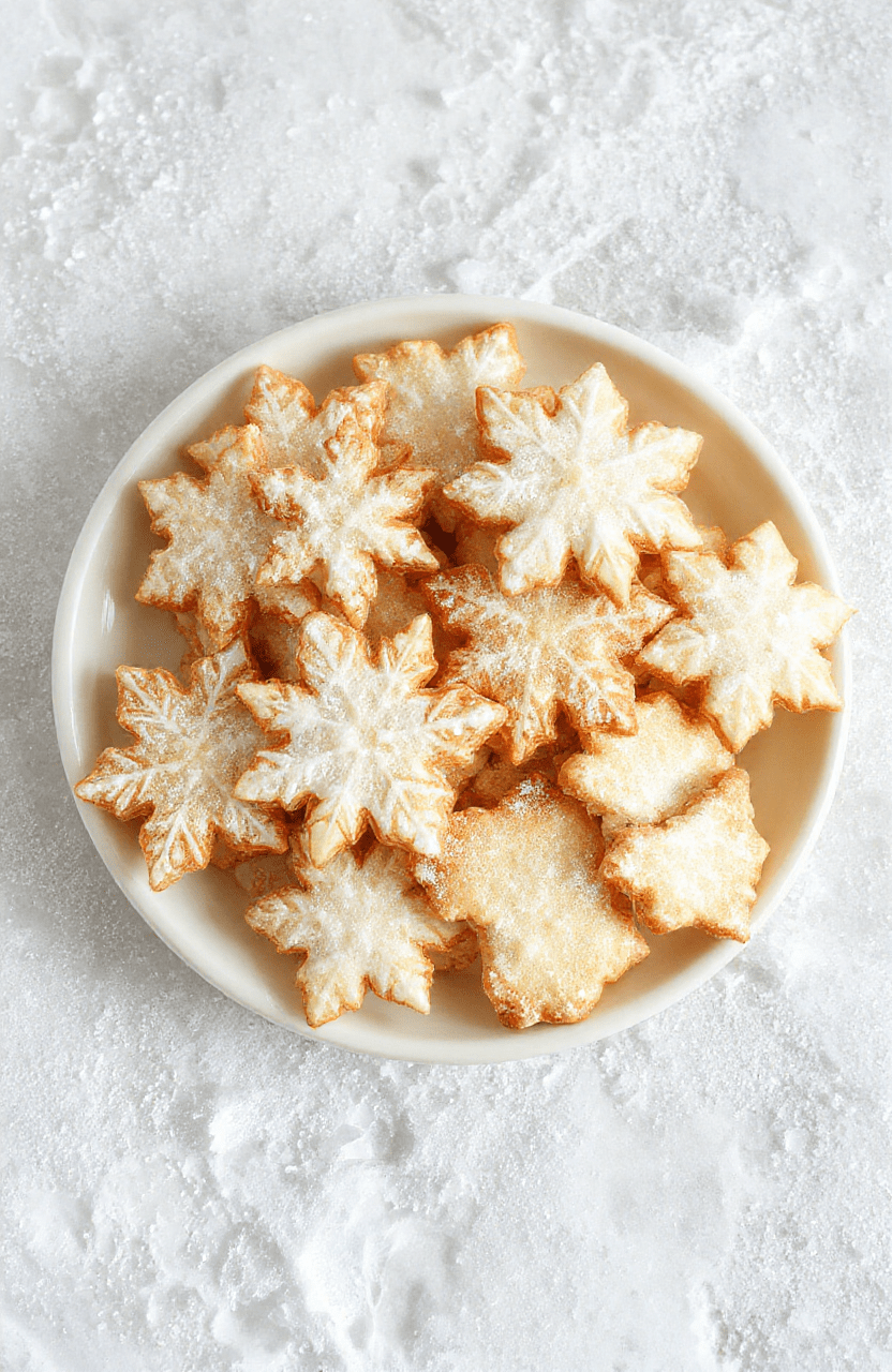 A batch of beautifully decorated Frozen Snowflake Sugar Cookies with icy blue and white icing, intricate snowflake patterns, and a glossy finish, arranged on a white porcelain platter with a glittery snow-like background.