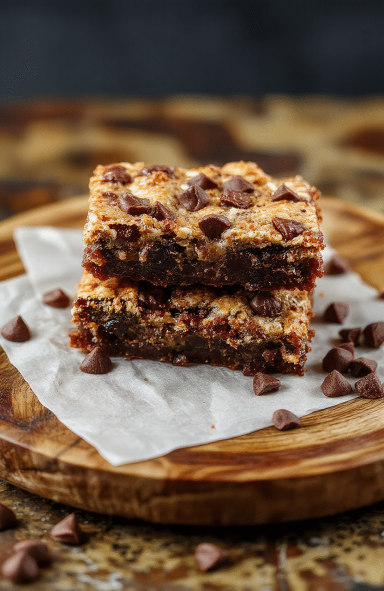 A close-up of a fudgy, chewy brookies layered beautifully on a rustic wooden plate, showcasing the rich chocolate and cookie textures, with a slightly cracked surface and gooey inside, styled with a few crumbs for a casual, inviting look.