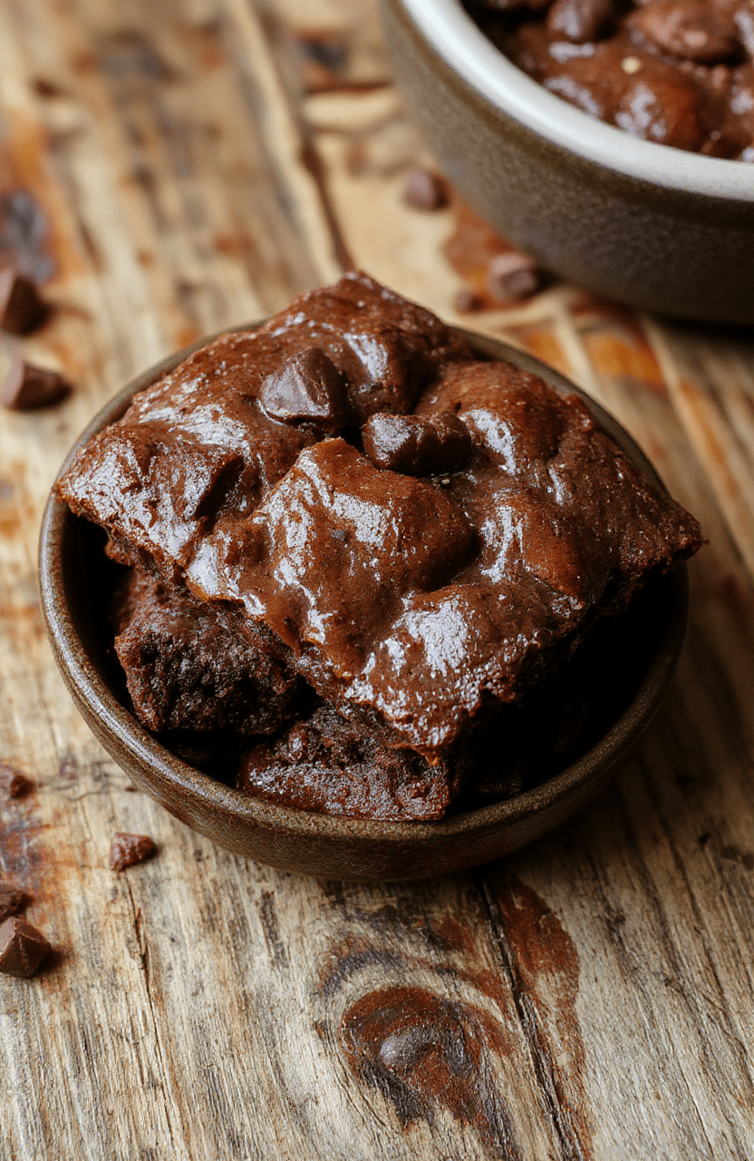 A close-up of rich, fudgy brownies on a rustic wooden surface, showcasing a glossy cracked top with a dense and moist interior visible on a sliced piece, garnished with chocolate chunks and a sprinkle of sea salt, styled simply for a cozy kitchen ambiance.