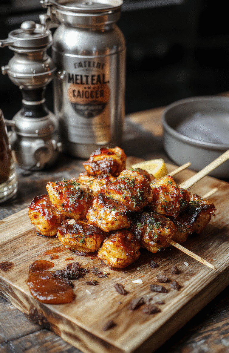 Colorful metallic-style automail BBQ skewers with grilled meat, vegetables, and shiny metallic decorations arranged on a rustic wooden platter, with a dark background and subtle steampunk-inspired elements