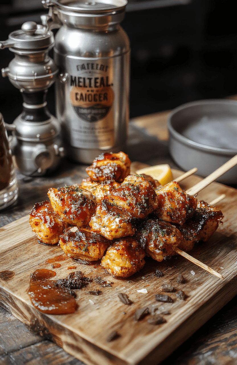Colorful metallic-style automail BBQ skewers with grilled meat, vegetables, and shiny metallic decorations arranged on a rustic wooden platter, with a dark background and subtle steampunk-inspired elements