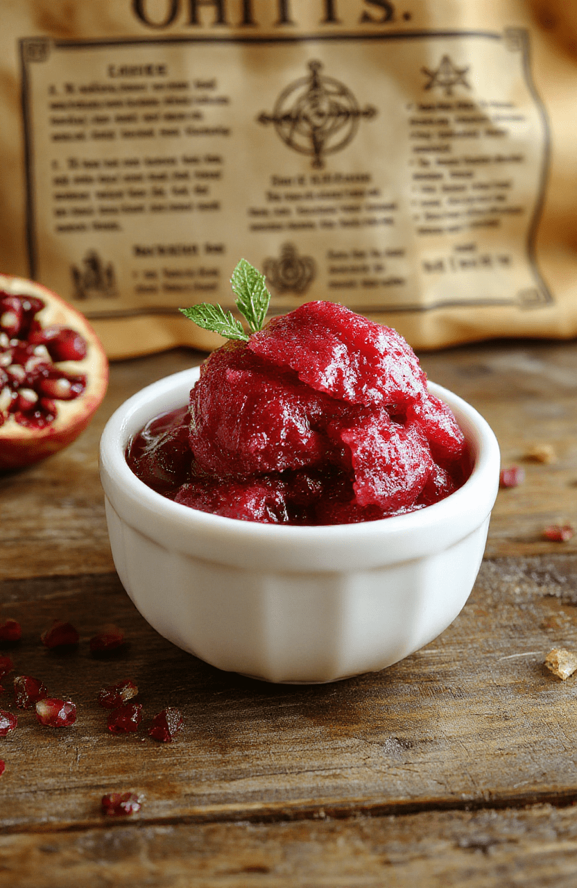A vibrant red pomegranate sorbet served in a clear glass bowl, garnished with fresh pomegranate seeds and mint leaves, placed on a rustic wooden table with a soft-focus background highlighting a fantasy-inspired setting.