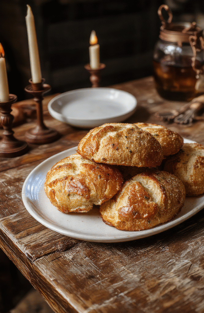 A rustic, dark brown loaf shaped like a direwolf head with detailed fur-like textures, set on a wooden board with medieval-themed props, natural daylight highlighting the crust’s crusty surface and intricate shaping