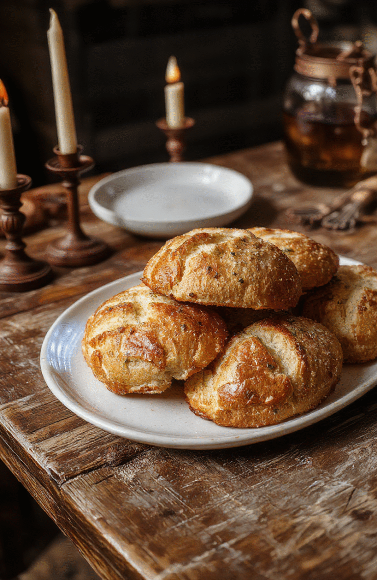 A rustic, dark brown loaf shaped like a direwolf head with detailed fur-like textures, set on a wooden board with medieval-themed props, natural daylight highlighting the crust’s crusty surface and intricate shaping