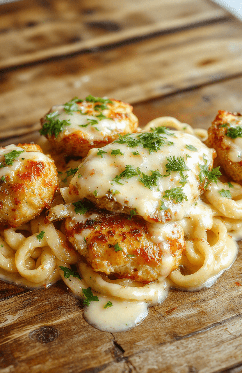 A vibrant plate featuring golden-brown garlic butter chicken bites garnished with fresh herbs, served beside a creamy parmesan pasta with melted cheese and sprinkled herbs, styled on a rustic wooden table with a soft-focus background highlighting the textures and inviting colors.