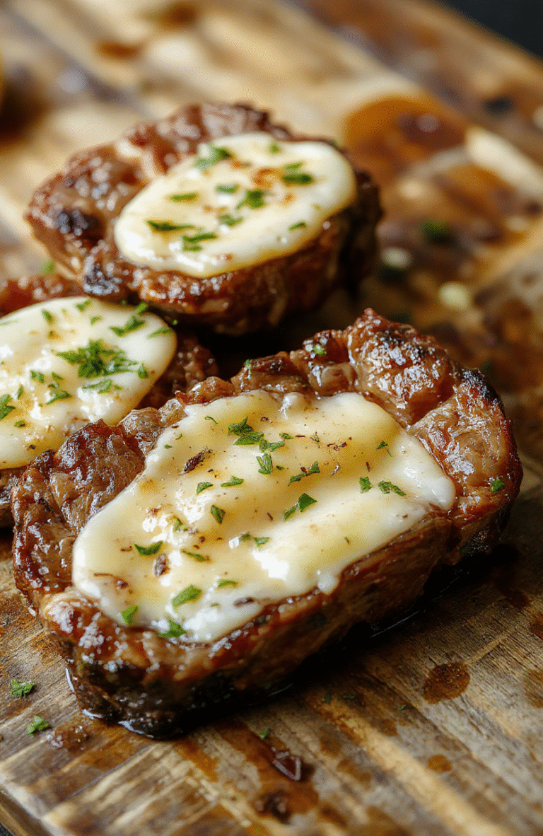 A close-up of tender, juicy garlic butter steak bites plated on a rustic wooden board. The bites are golden brown with a glossy garlic butter glaze, garnished with chopped parsley and lemon wedges. The background features a blurred soft cloth and a sprig of fresh herbs, emphasizing the savory, flaky texture and vibrant colors of the dish.