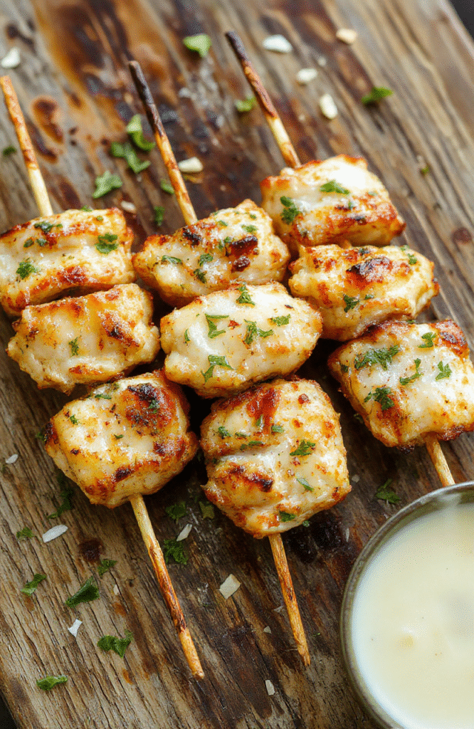 Colorful garlic parmesan chicken skewers arranged neatly on a white plate, garnished with fresh herbs. The skewers feature golden-brown grilled chicken pieces coated with parmesan and topped with minced garlic, with a side of vibrant vegetables for contrast, styled simply for an appetizing and inviting presentation.