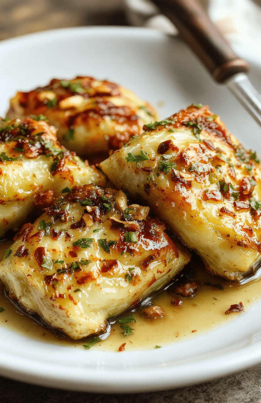 Vibrant golden-brown cabbage steaks with crispy edges, drizzled with chopped garlic and herbs, arranged on a rustic white plate against a neutral background, with fresh parsley garnish, showcasing textures of caramelized edges and tender insides.