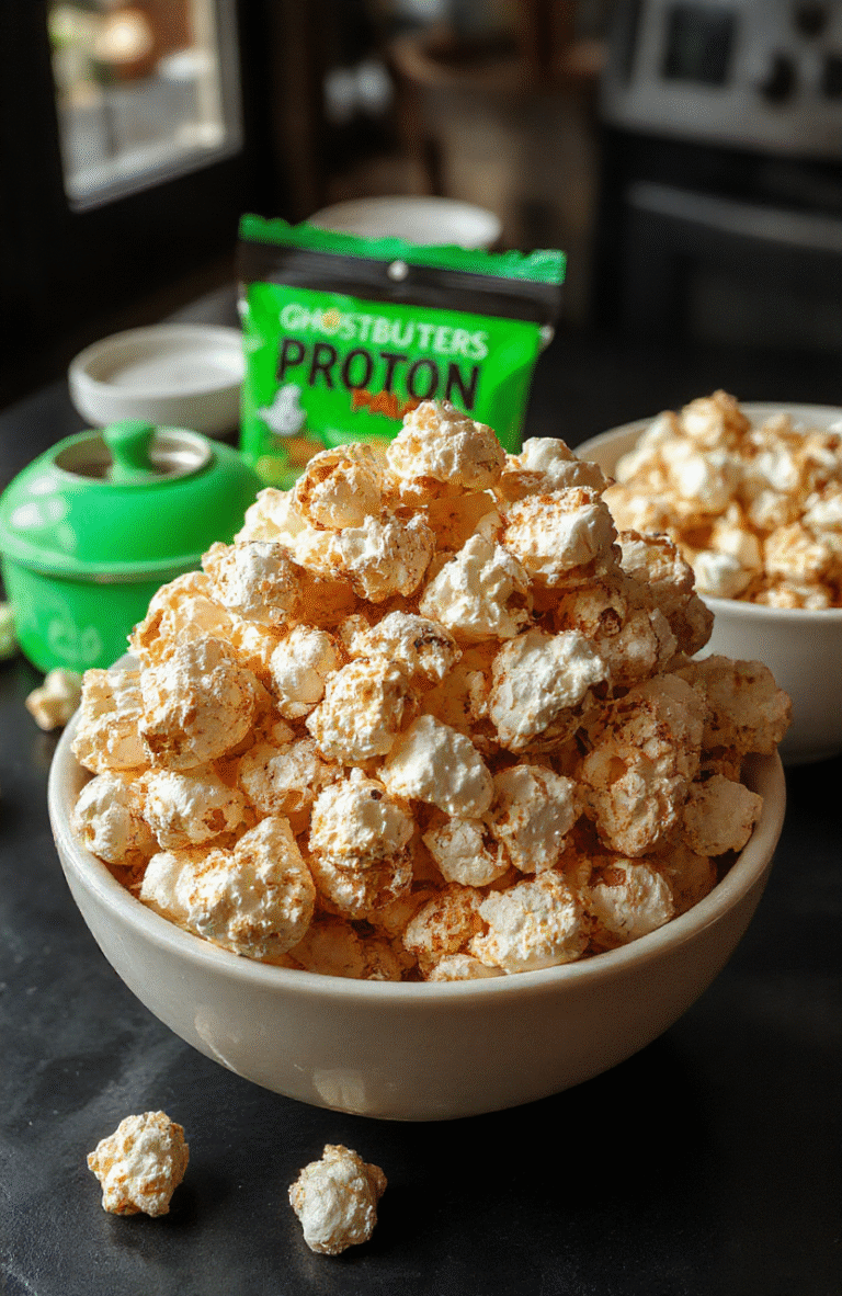 Colorful popcorn mix themed around Ghostbusters, with green and white popcorn, small plastic proton pack toys, and ghostly decorations on a dark, cinematic-themed table.