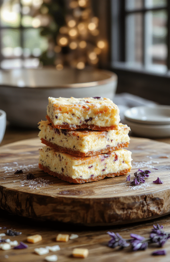 A tray of golden, rectangular cheesecake bars topped with a delicate lavender honey drizzle, garnished with a sprig of fresh lavender, placed on a rustic wooden serving board with a dusting of powdered sugar, styled with a whimsical Harry Potter theme.