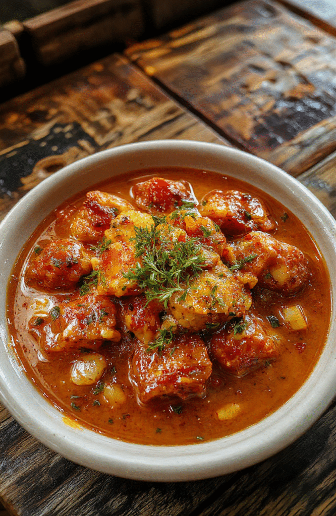 A vibrant bowl of Fantasy Flame Curry featuring bright orange and red hues, topped with fresh herbs and garnishes. The curry showcases a thick, creamy texture with visible chunks of vegetables and tender meat, served on a rustic wooden plate with a sprinkle of chili flakes for heat. The background hints at a mystical fantasy setting with glowing accents and medieval stone textures.