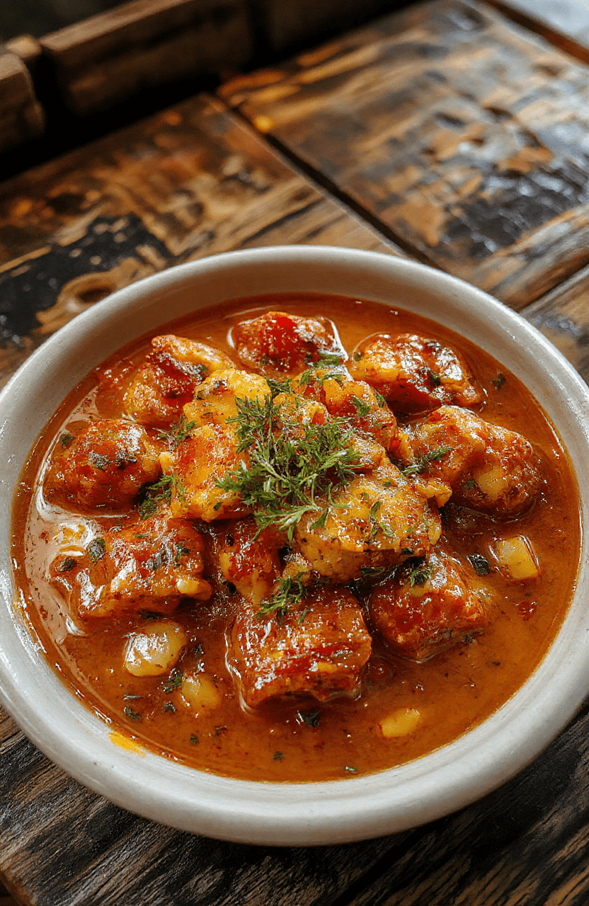 A vibrant bowl of Fantasy Flame Curry featuring bright orange and red hues, topped with fresh herbs and garnishes. The curry showcases a thick, creamy texture with visible chunks of vegetables and tender meat, served on a rustic wooden plate with a sprinkle of chili flakes for heat. The background hints at a mystical fantasy setting with glowing accents and medieval stone textures.