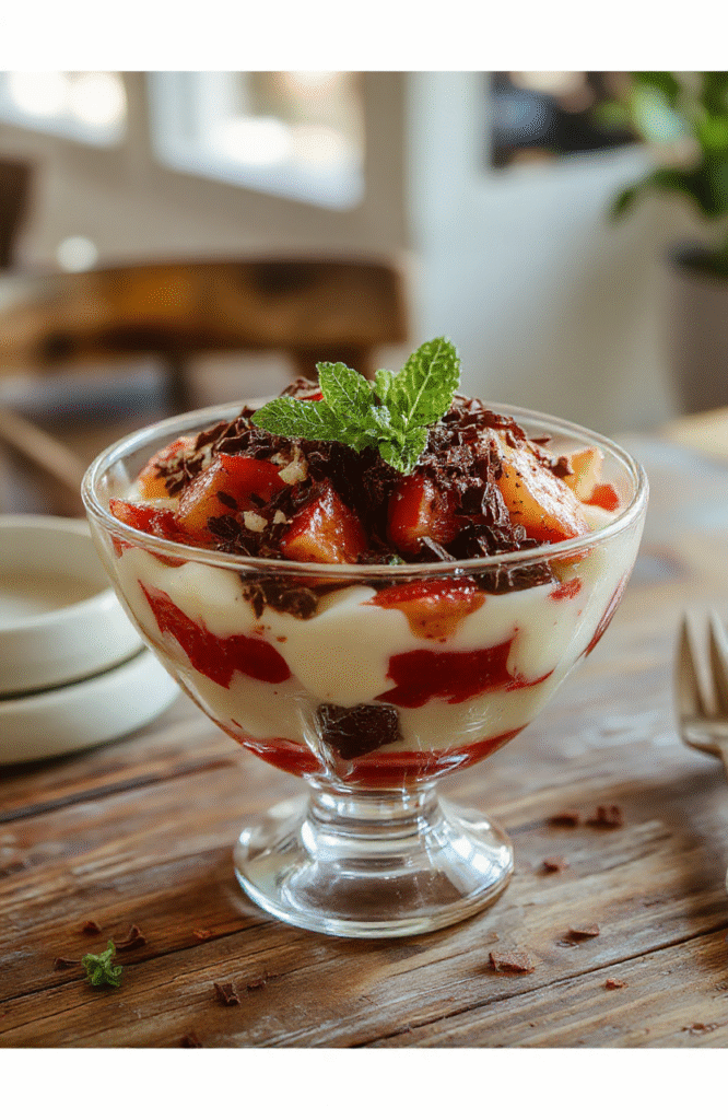 A vibrant, multi-layered trifle served in a clear glass bowl, showcasing colorful fruit, creamy layers, and chocolate shavings, topped with fresh mint, styled with a cinematic flair and inviting textures.