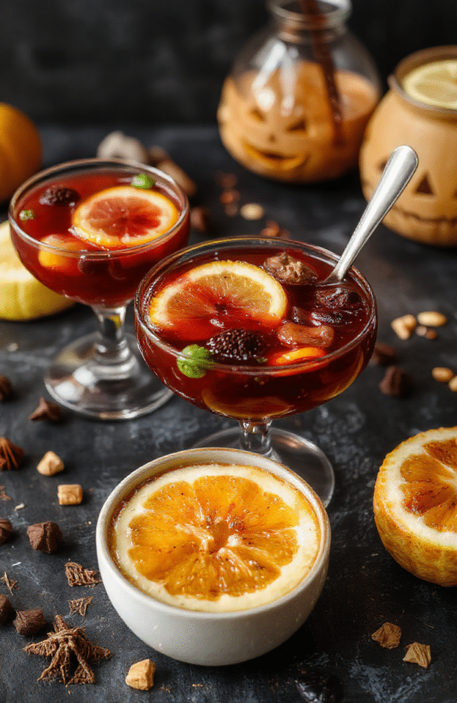 Vibrant purple and orange Halloween punch served in a clear glass pitcher, garnished with gummy worms and floating dry ice bubbles, surrounded by spooky decorations and candies, with a dark backdrop and festive atmosphere.