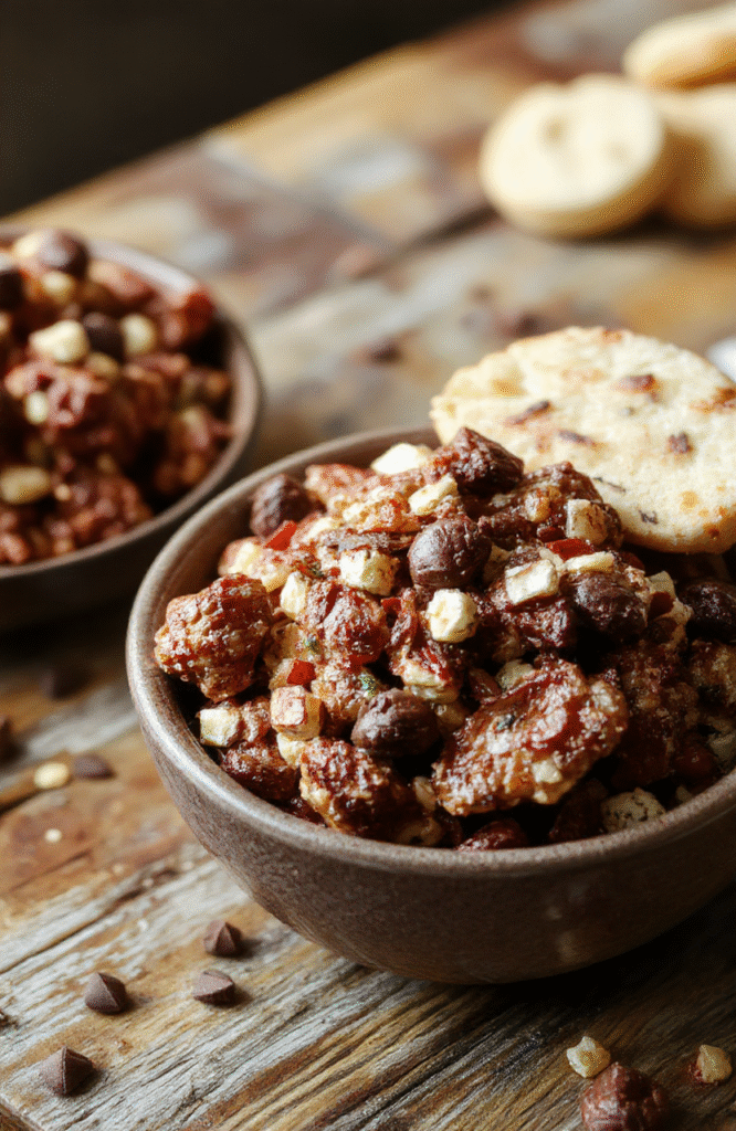 A colorful spread of Halloween-themed snacks arranged on a dark wooden platter. Features monster-shaped cookies, ghostly popcorn, pumpkin sliders, and vibrant dips. The presentation is playful, with themed decorations and a cozy fall backdrop, highlighting textures like crispy edges, smooth dips, and soft cookies.