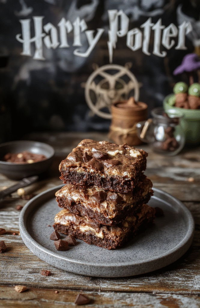 Colorful, fudgy brownies topped with shimmering gold accents and shaped like chocolate frogs, styled on a rustic wooden board with Harry Potter-themed decor in the background.
