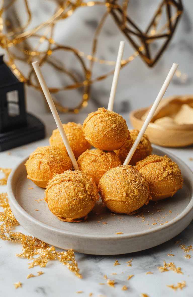 Colorful Harry Potter Golden Snitch Cake Pops arranged on a white platter, featuring shiny gold coating, delicate wings made from wafer paper, surrounded by magical sparkling decorations, styled in a whimsical and enchanting setting