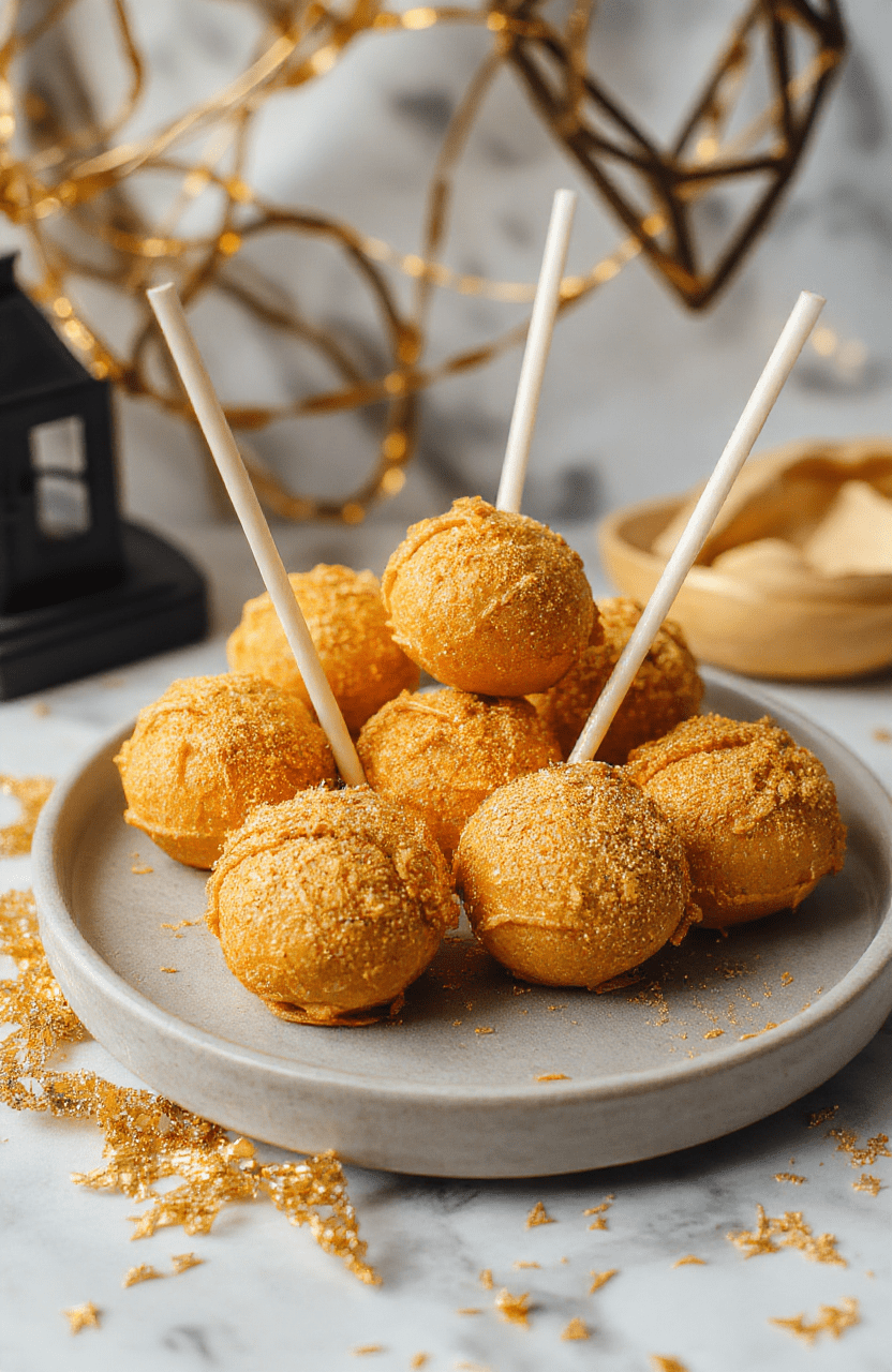 Colorful Harry Potter Golden Snitch Cake Pops arranged on a white platter, featuring shiny gold coating, delicate wings made from wafer paper, surrounded by magical sparkling decorations, styled in a whimsical and enchanting setting